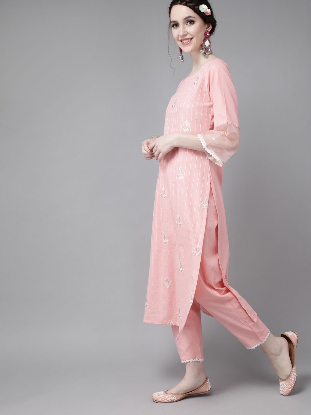 Indo Era Women Pink Pure Cotton Ethnic Motifs Sequinned Kurta with Trousers & Dupatta