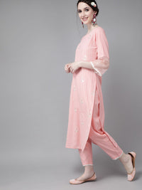 Indo Era Women Pink Pure Cotton Ethnic Motifs Sequinned Kurta with Trousers & Dupatta