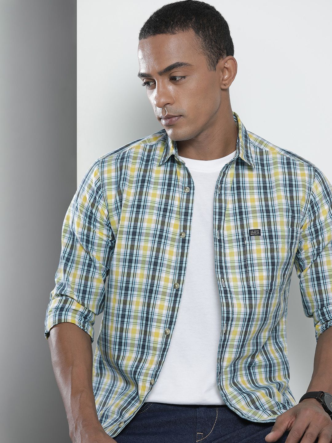 The Indian Garage Co Men Yellow Regular Fit Tartan Checks Opaque Checked Casual Shirt