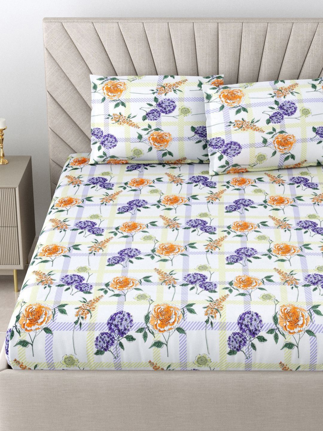 BOMBAY DYEING Florentine White Floral Pure Cotton 144TC Queen Bedsheet Set 2.28 m X 2.54m