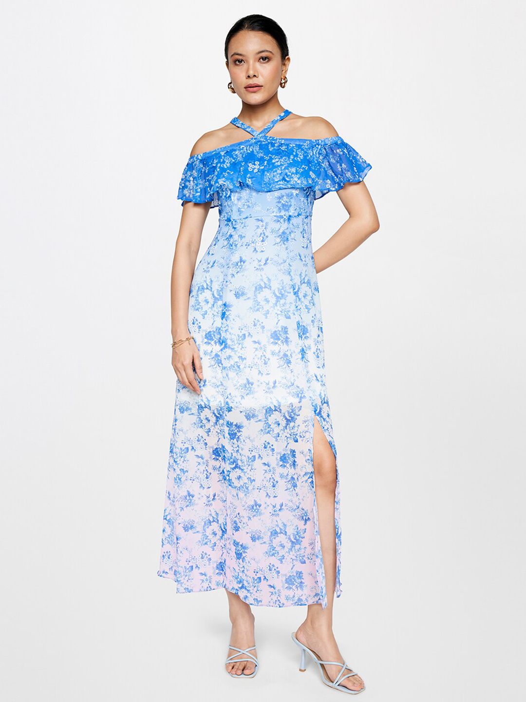 AND Floral Printed Halter Neck Cold-Shoulder Ruffled Maxi Dress