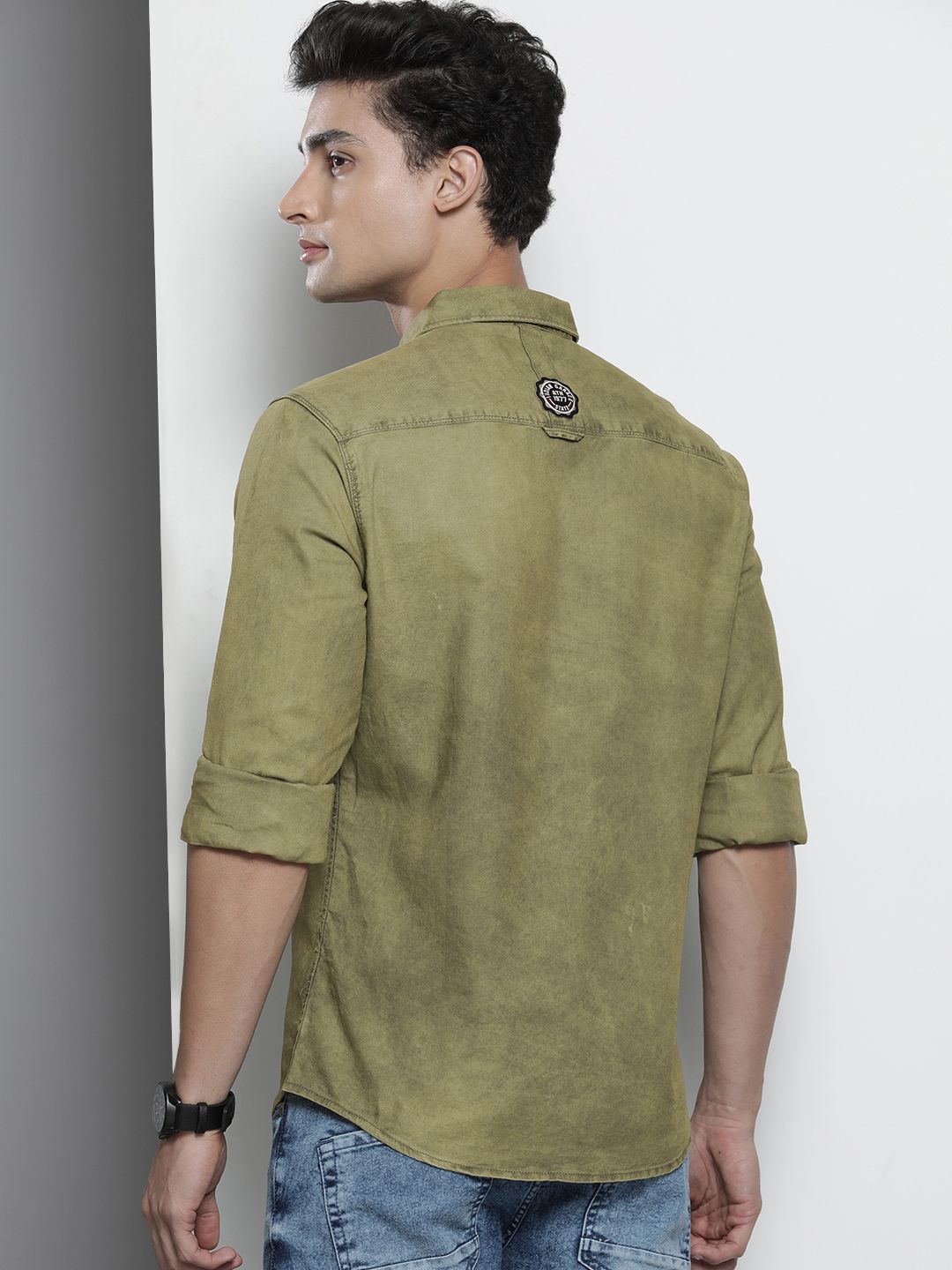 The Indian Garage Co Men Olive Green Solid Pure Cotton Casual Shirt