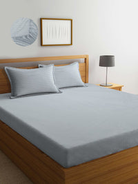 KLOTTHE Grey Striped Fitted 300 TC Super King Bedsheet with 2 Pillow Covers-270X270 cm