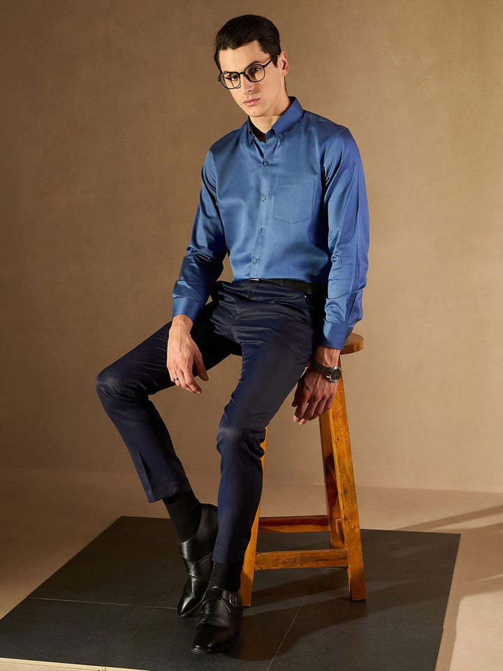 DENNISON Men Navy Blue Smart Tapered Fit Self Design Regular Trousers