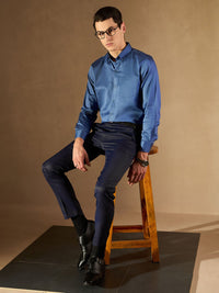 DENNISON Men Navy Blue Smart Tapered Fit Self Design Regular Trousers