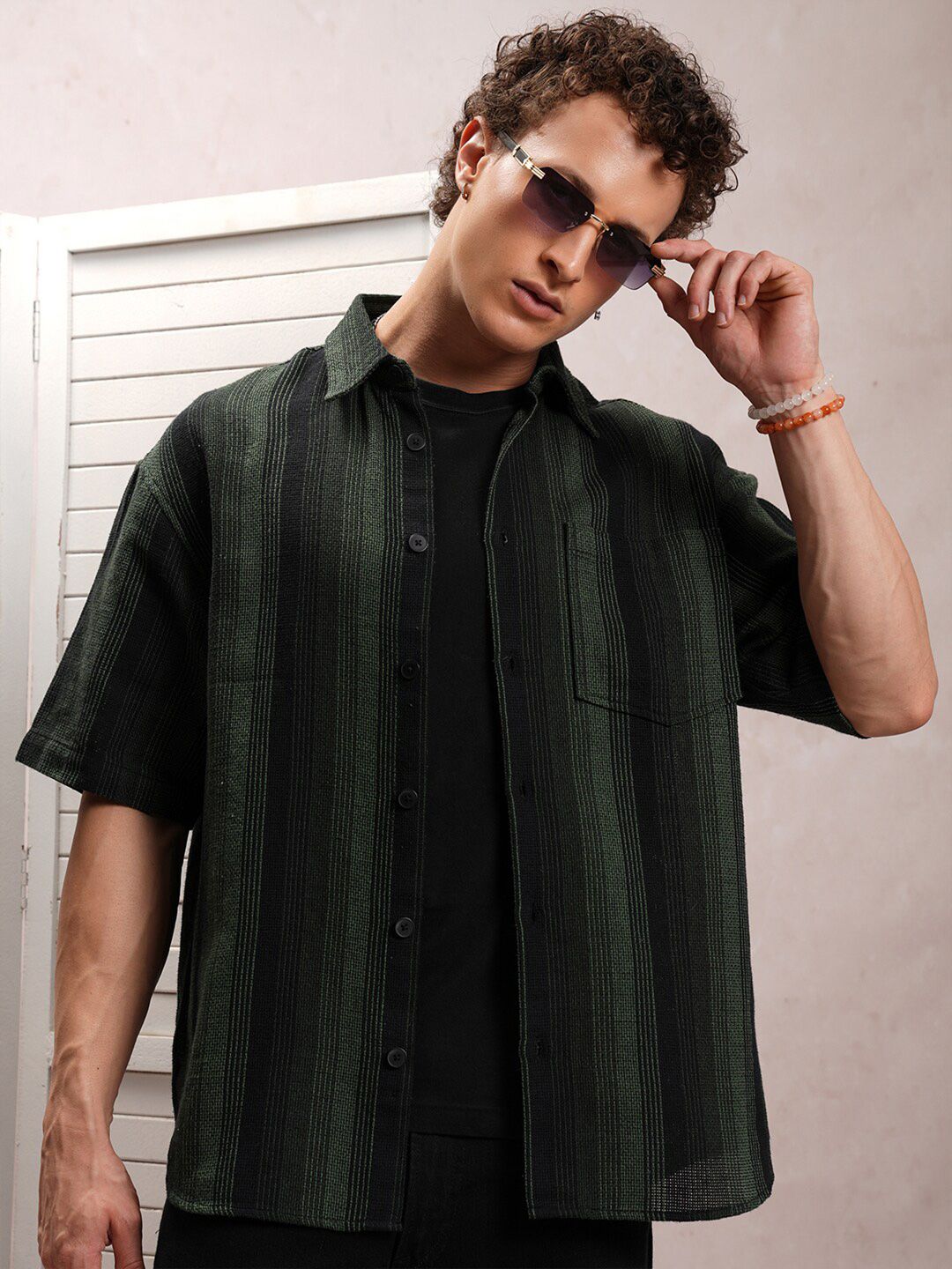 LOCOMOTIVE Premium Fit Striped Dobby Textured Drop-Shoulder Sleeves Oversized Shirt