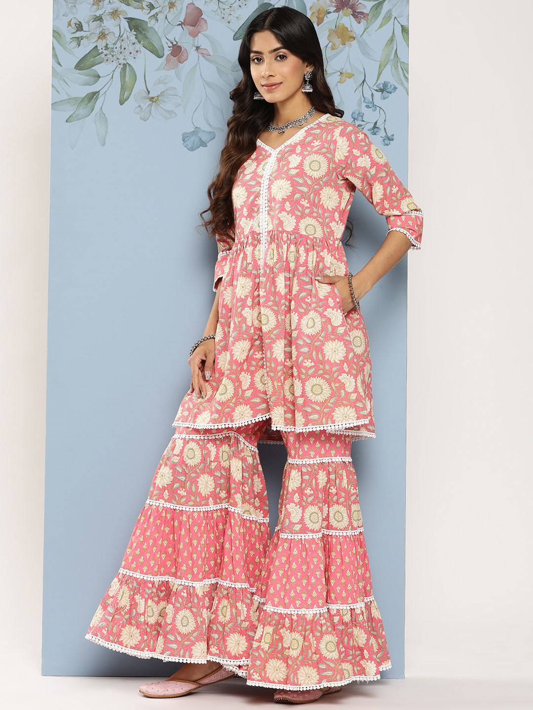 Libas Women Floral Printed Empire Pure Cotton Kurti With Sharara & With Dupatta