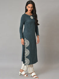 W Thread Work Round Neck Acrylic Straight Kurta