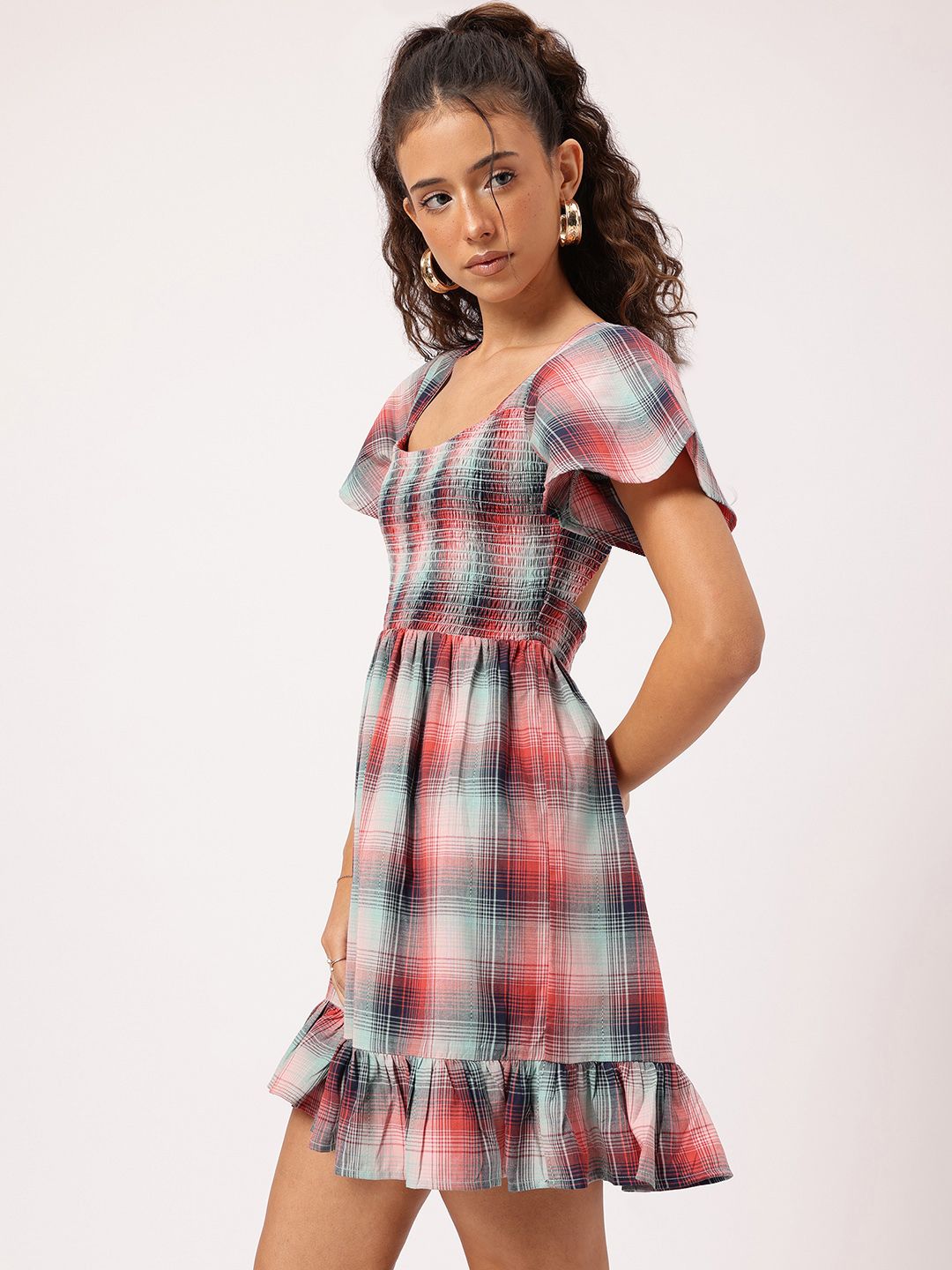 DressBerry Flirty Finesse Checked Cut-Out Smocked Flutter Sleeve Mini Dress