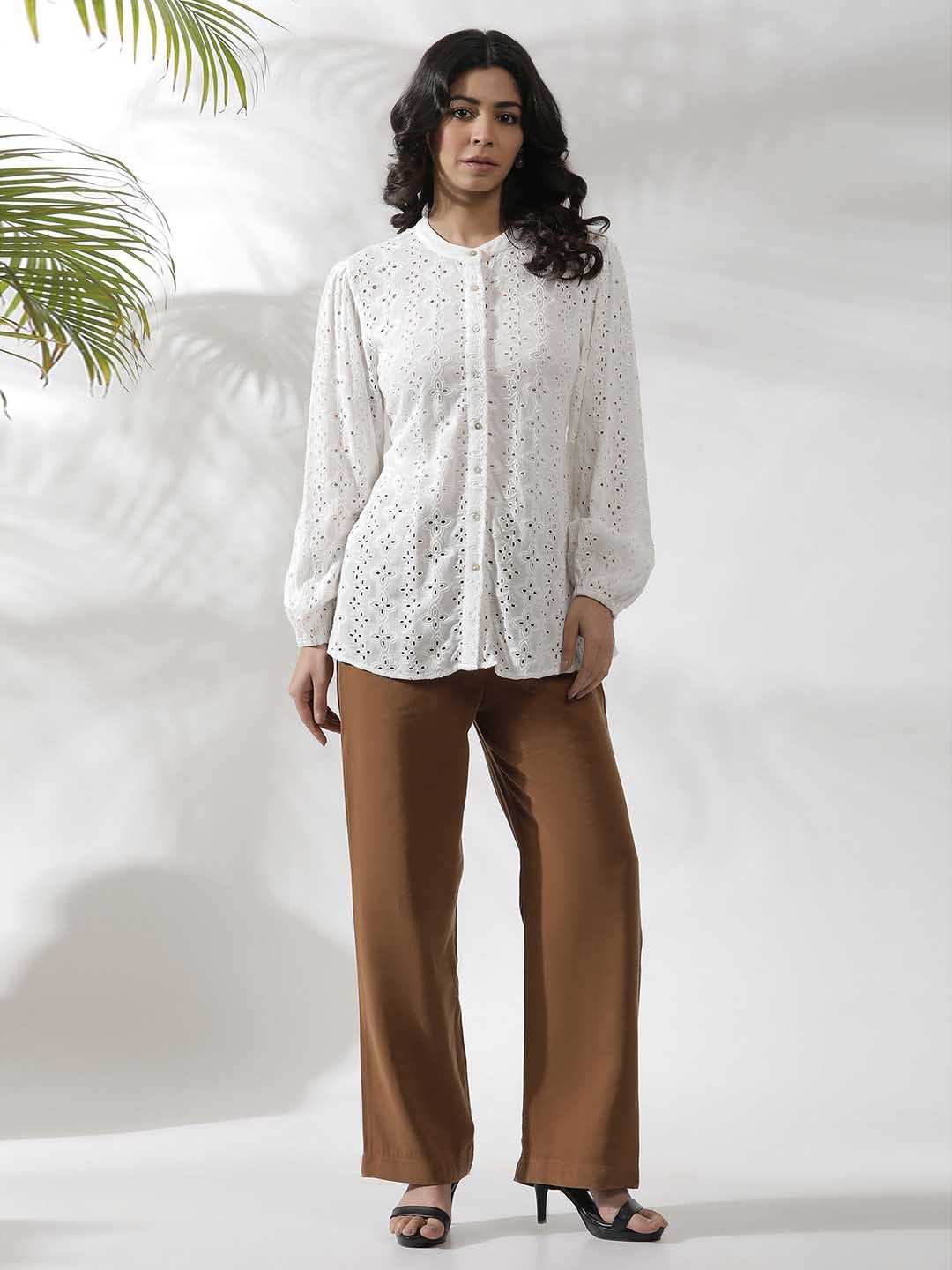 W Self Design Mandarin Collar Puffed Sleeves Shirt Style Top