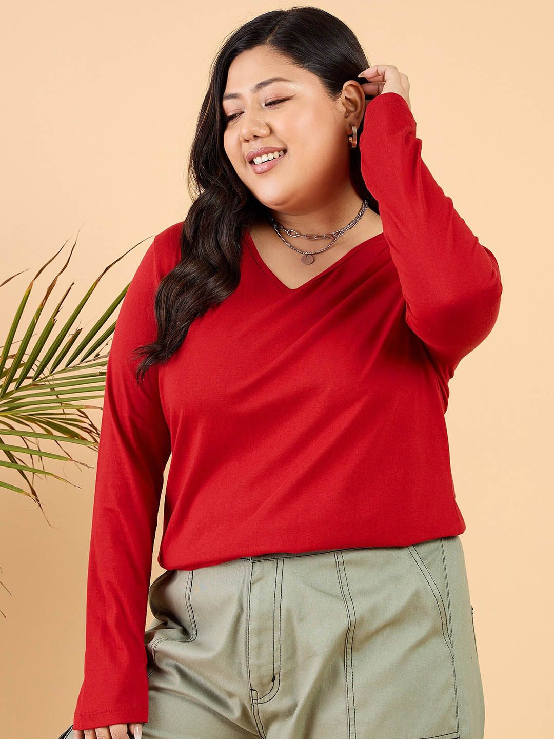 CURVY STREET Plus Size V-Neck Cotton Relaxed Fit T-shirt