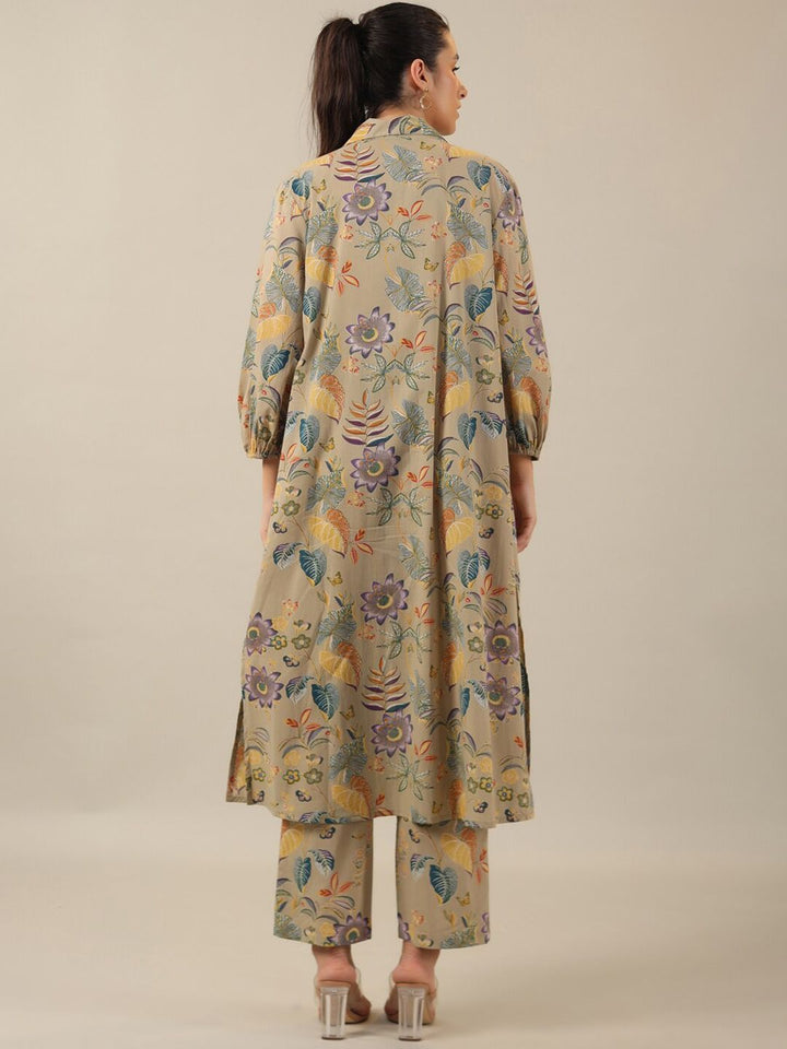 SANSKRUTIHOMES Beige Printed Pure Cotton Top With Trouser & Jacket