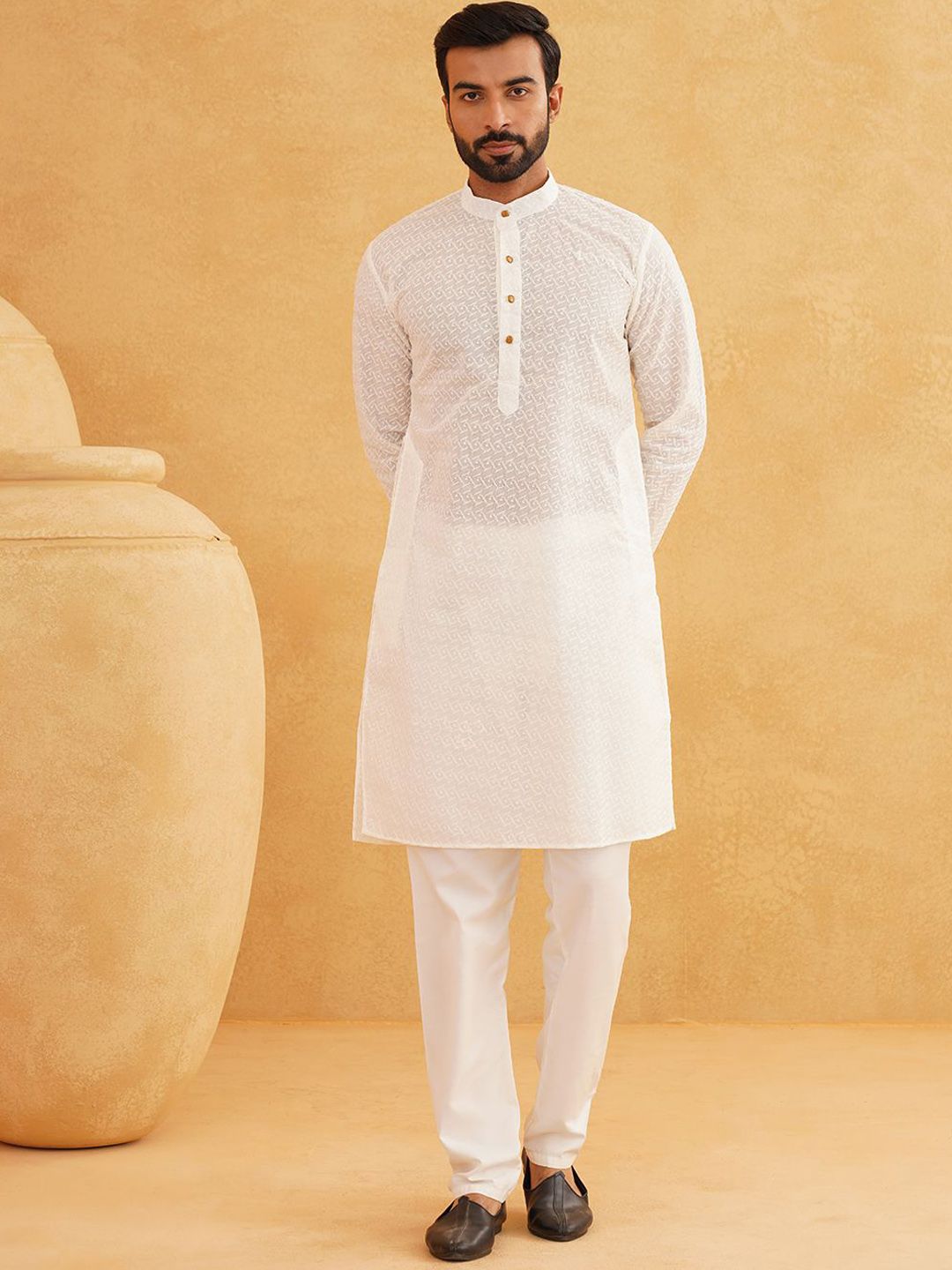 SOJANYA Motif Etnik Sulam Kolar Mandarin Benang Kerja Cotton Kurta With Churidar