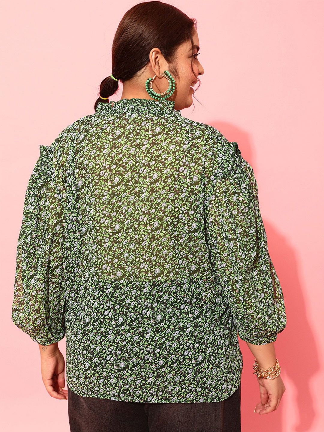 CURVY STREET Plus Size Floral Printed Puff Sleeves Satin Top