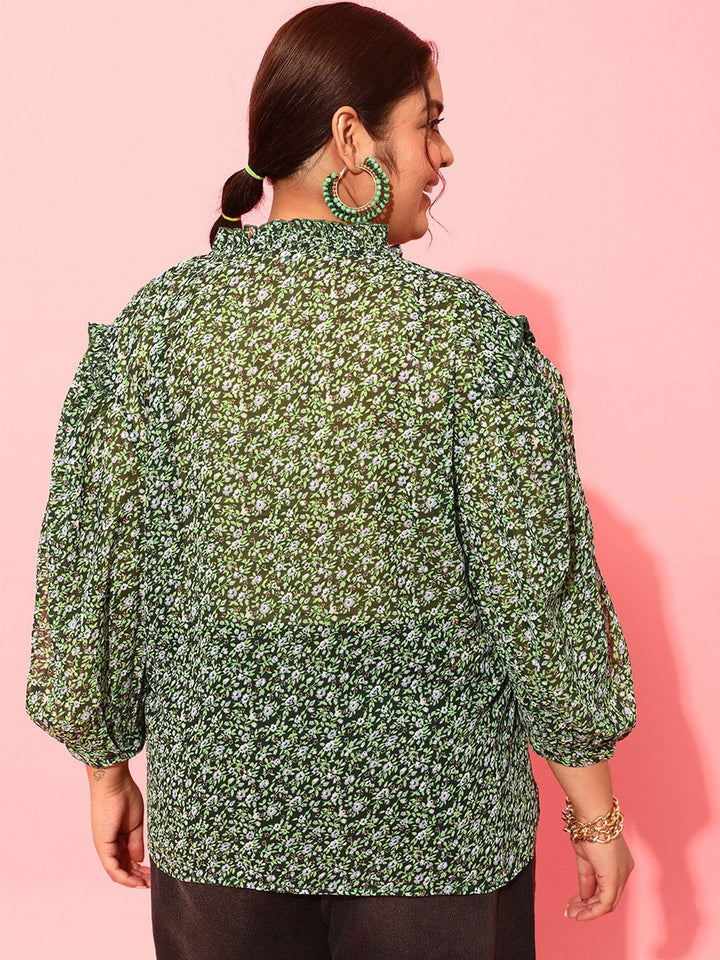 CURVY STREET Plus Size Floral Printed Puff Sleeves Satin Top