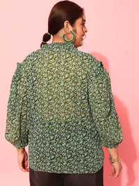 CURVY STREET Plus Size Floral Printed Puff Sleeves Satin Top