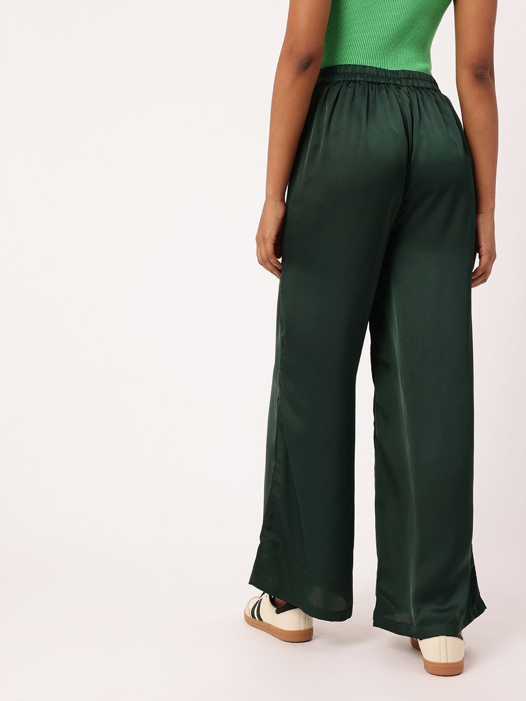 DressBerry Women Urban K-Twist Vibes Flared High-Rise Satin Finish Parallel Trousers