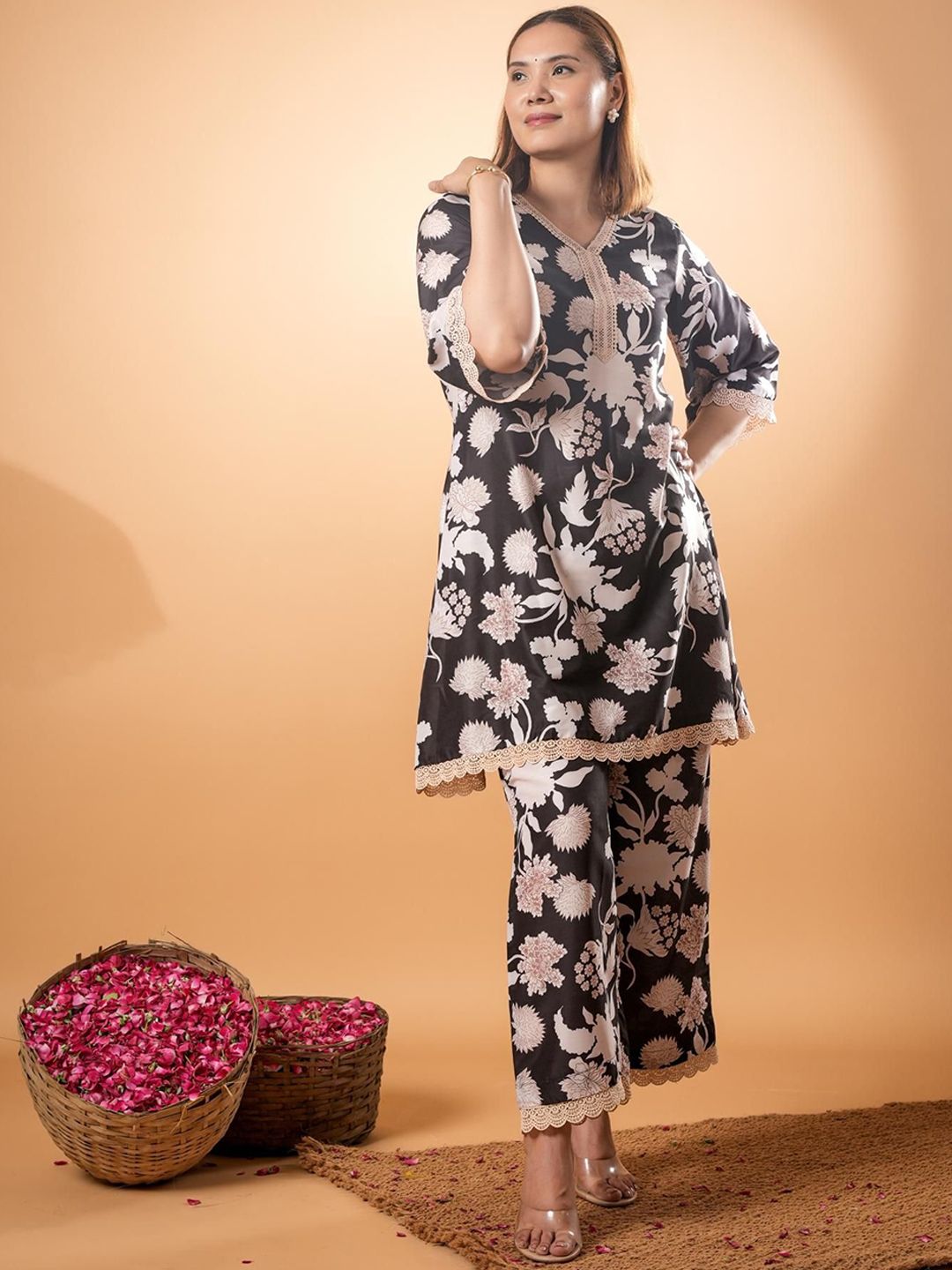 Tunik V-Neck Kapas Tulen Bercetak Mamicha Dengan Palazzo Co-Ords
