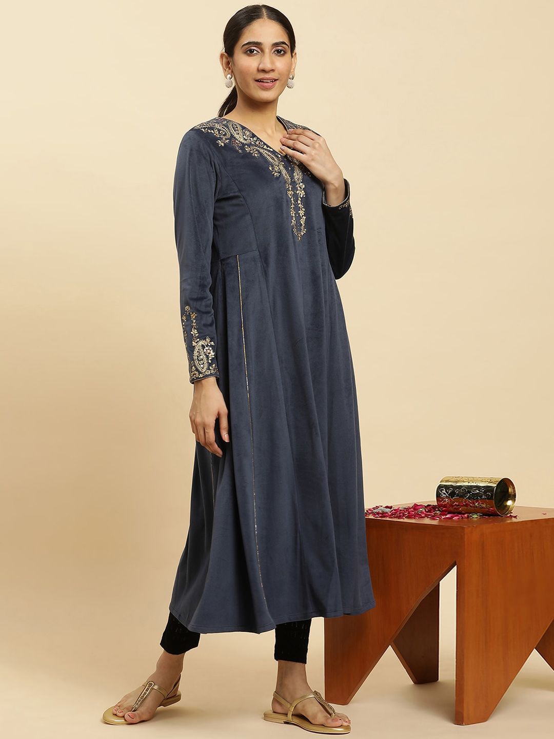 W Navy Blue Paisley Yoke Design Sequinned Anarkali Kurta