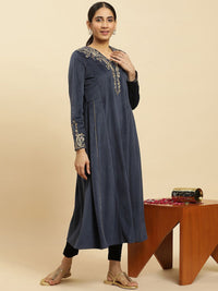 W Navy Blue Paisley Yoke Design Sequinned Anarkali Kurta