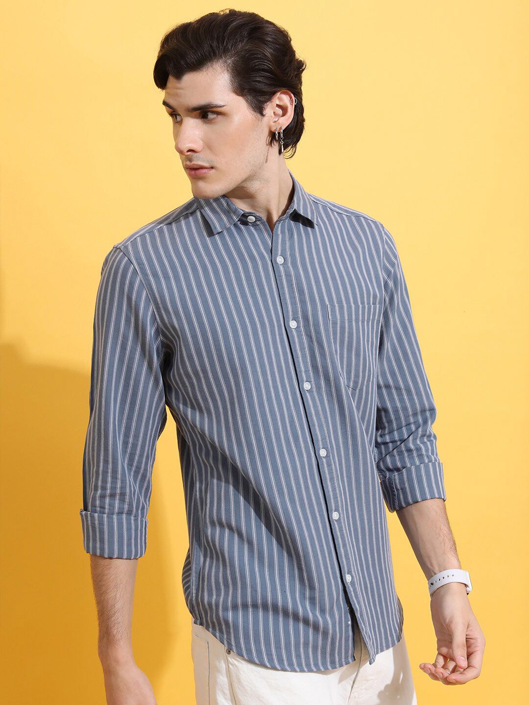 HIGHLANDER Grey Slim Fit Striped Casual Cotton Shirt