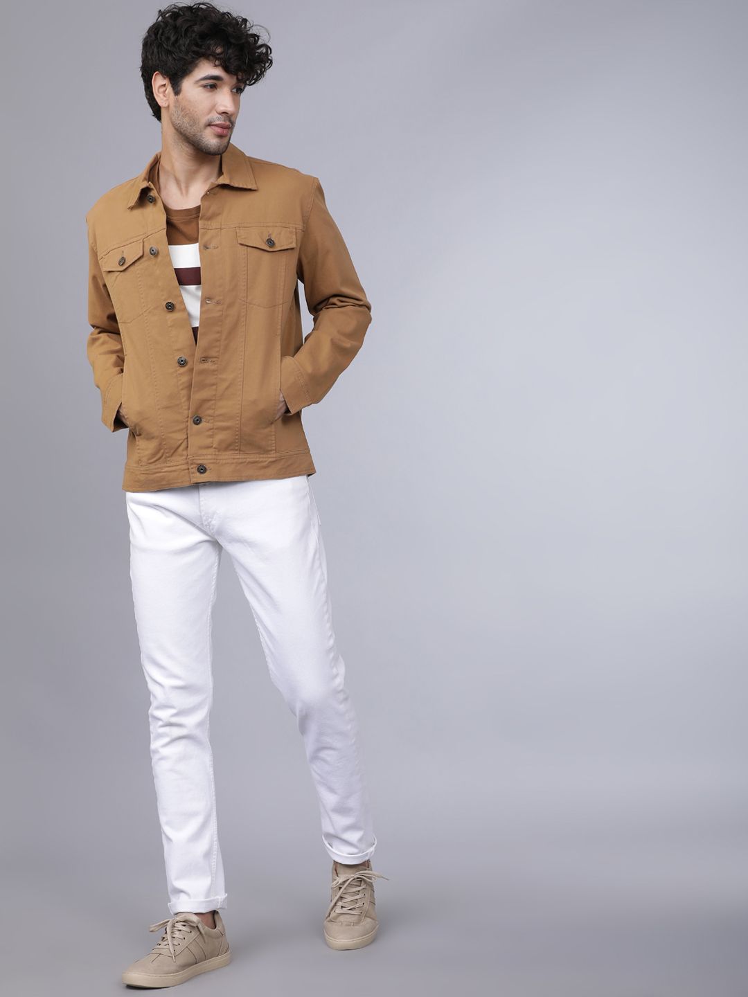 HIGHLANDER Men Beige Solid Denim Jacket