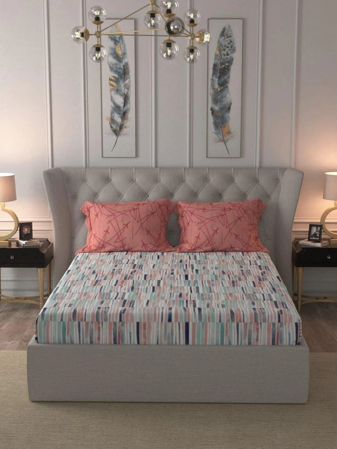 URBAN SPACE Divine Pink & Turquoise Blue Pure Cotton Queen Bedsheet With 2 Pillow Covers