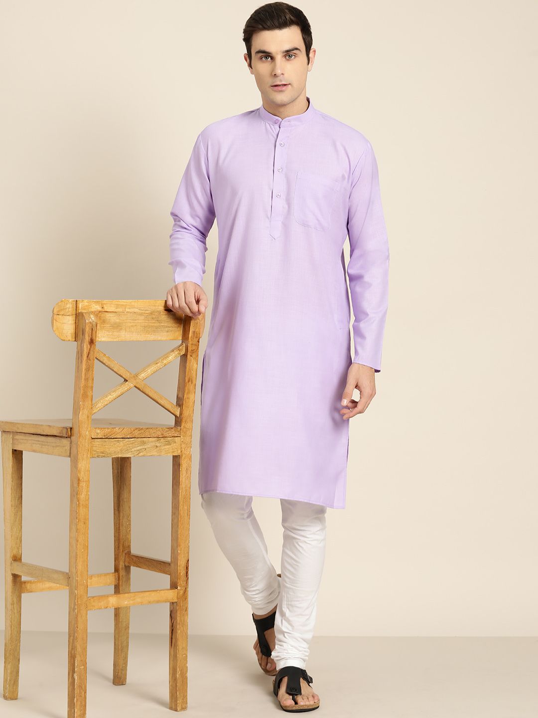 SOJANYA Men Lavender Solid Straight Kurta