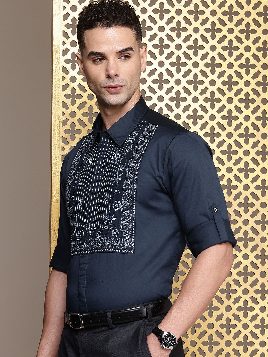 House of Pataudi Floral Embroidered Roll-Up Sleeves Pure Cotton Party Rozana Shirt