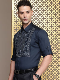House of Pataudi Floral Embroidered Roll-Up Sleeves Pure Cotton Party Rozana Shirt