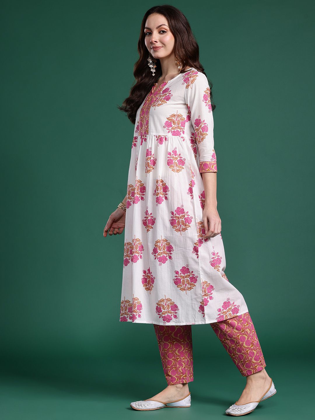 Indo Era Floral Printed Pure Cotton Kurta with Trousers
