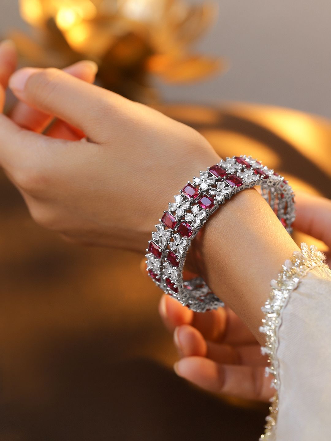 Rubans Set of 2 Rhodium-Plated Ruby Pink & White Cubic Zirconia Studded Bangles