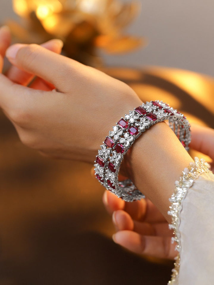 Rubans Set of 2 Rhodium-Plated Ruby Pink & White Cubic Zirconia Studded Bangles