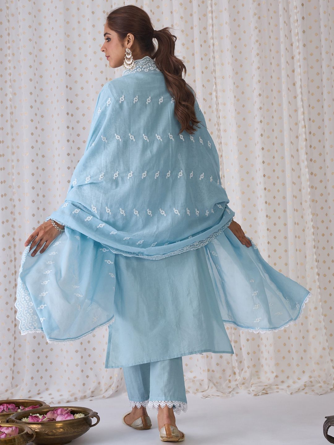 Indo Era Floral Embroidered Regular Thread Work Pure Cotton Kurta with Trousers & Dupatta
