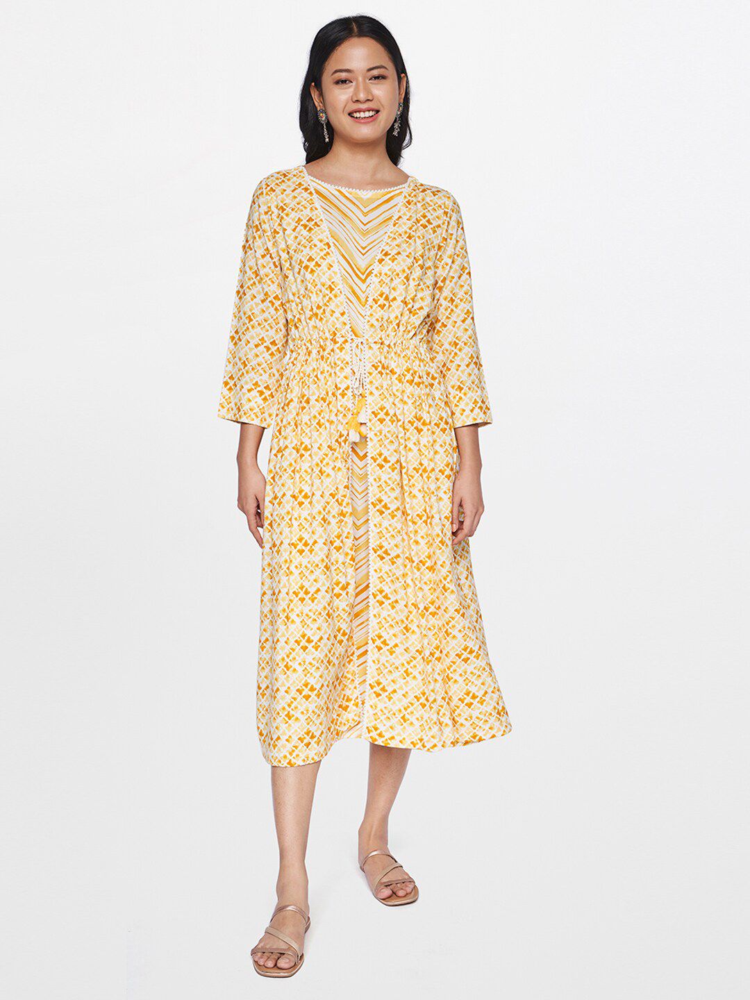 Global Desi Yellow Floral Layered A-Line Midi Dress