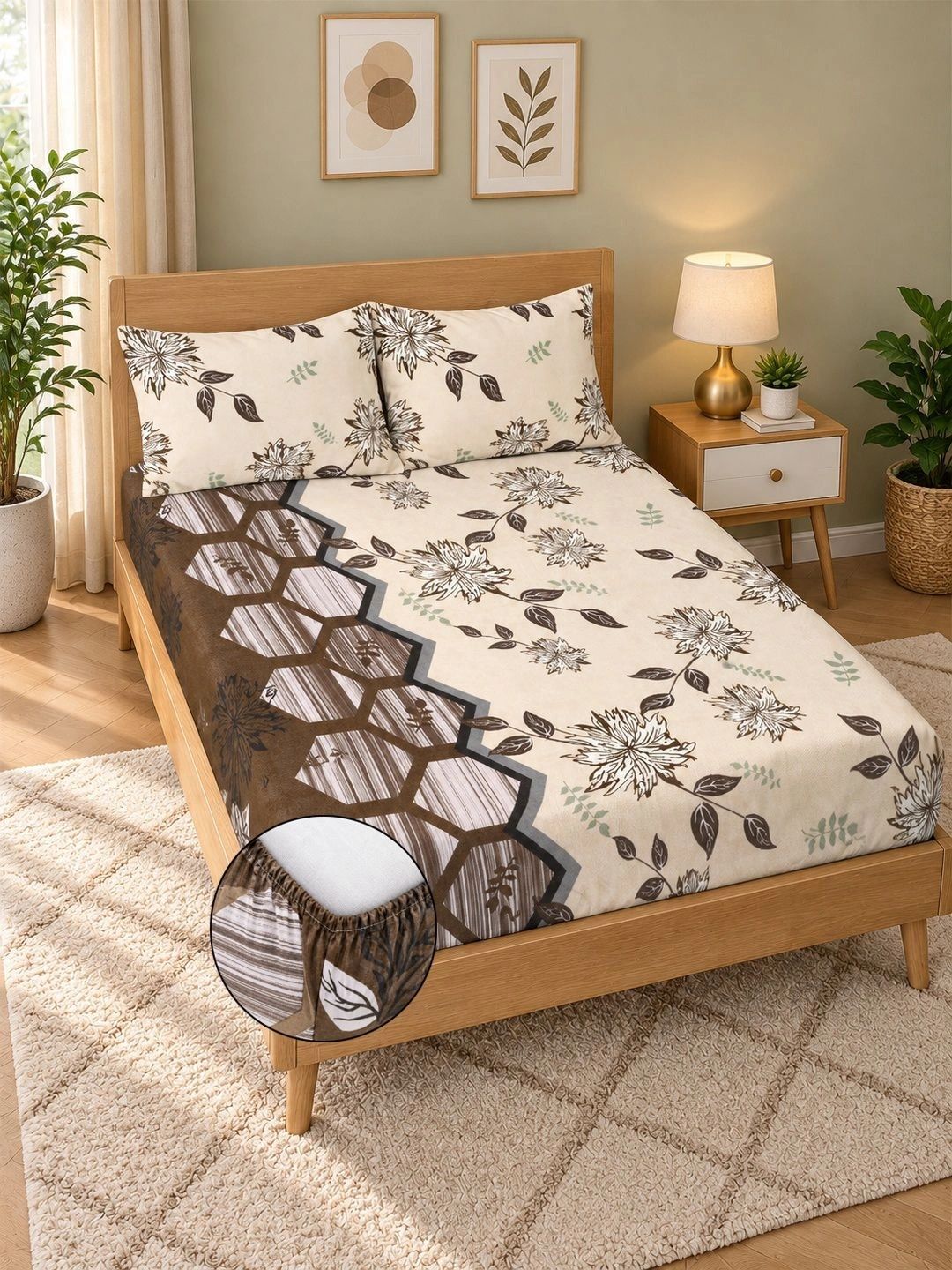 KLOTTHE Beige Floral 300 TC Cadar Katil King dengan 2 Sarung Bantal
