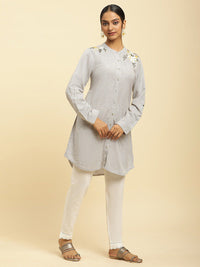W Checked Collar Checked Band Collar Long Sleeve A-Line Kurta