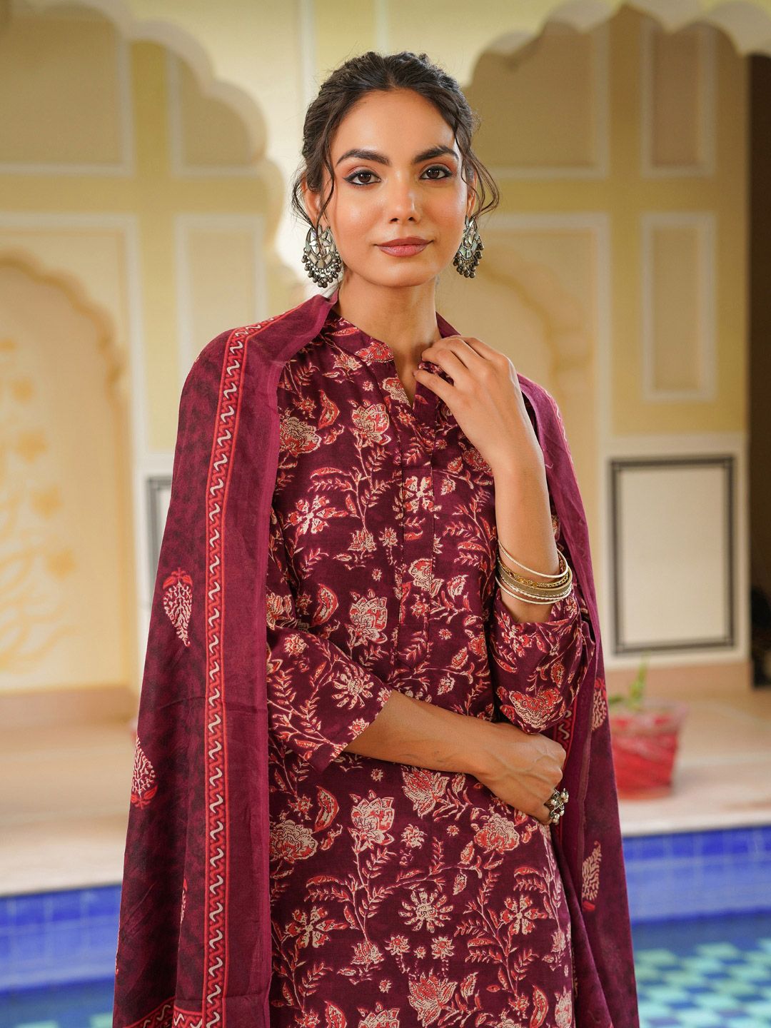 KALINI Floral Printed Straight Kurta With Trousers & Dupatta