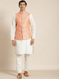 SOJANYA Lelaki Kurta Kapas Tulen Chikankari Berwarna Krim dengan Churidar & Nehrujacket