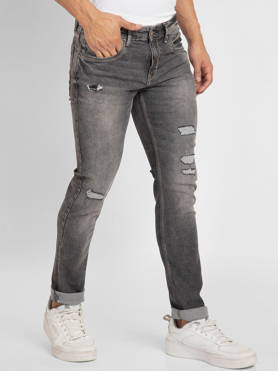 SPYKAR Men Slim Fit Low-Rise Mildly Distressed Heavy Fade Cotton Jeans
