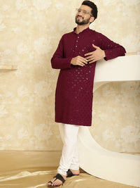 SOJANYA Geometric Embroidered Band Collar Sequinned Pure Cotton Kurta With Churidar