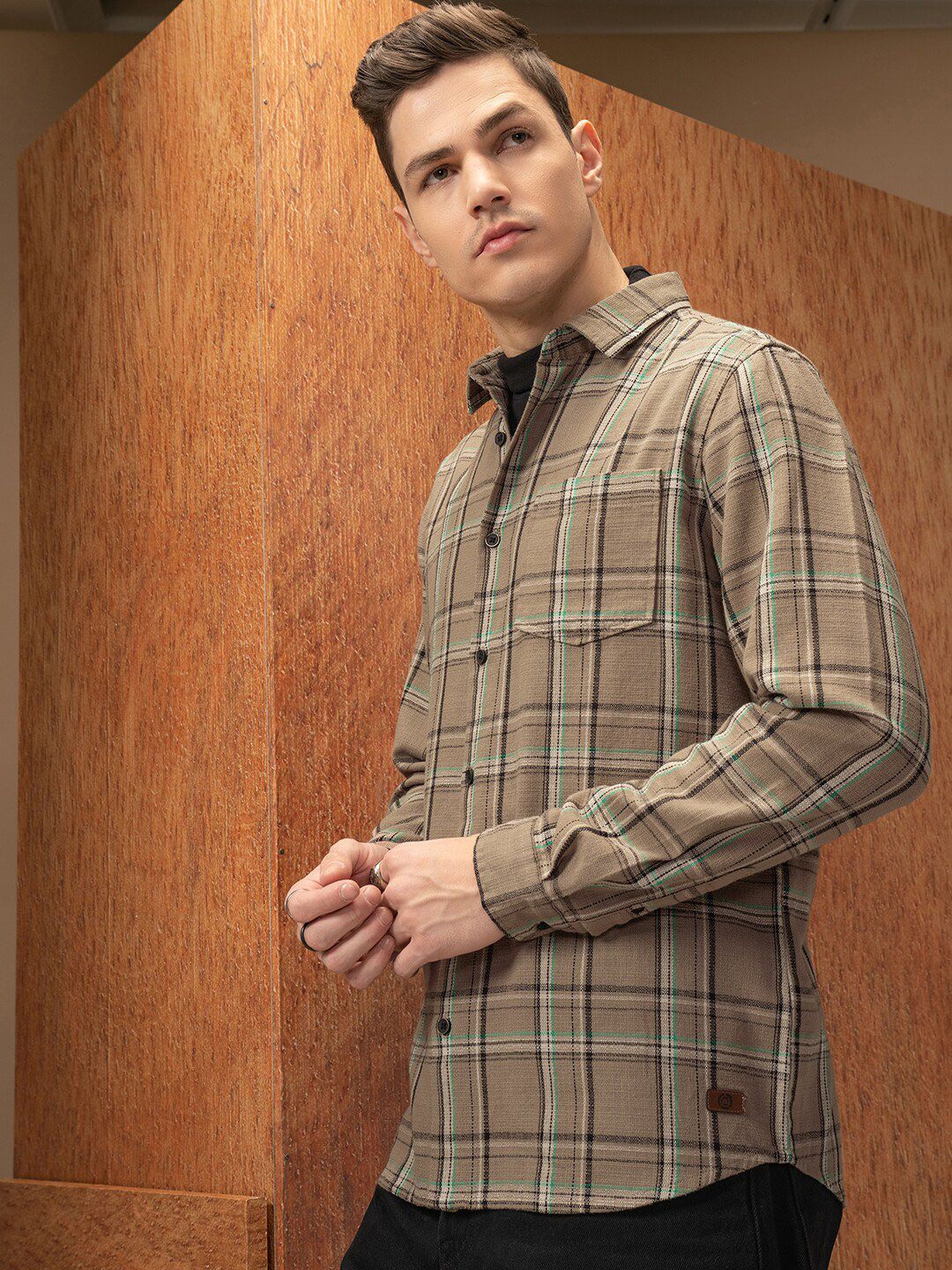 Locomotive Premium Men Khaki Relaxed Fit Dobby Textured Checked Shirt