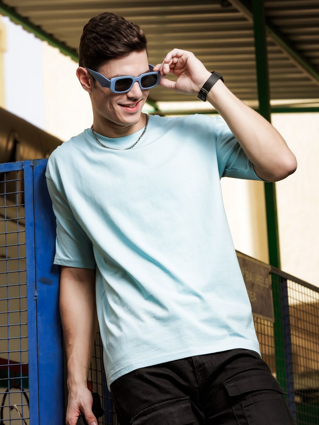 ADRO Round Neck Drop-Shoulder Sleeves Oversized Pure Cotton T-shirt