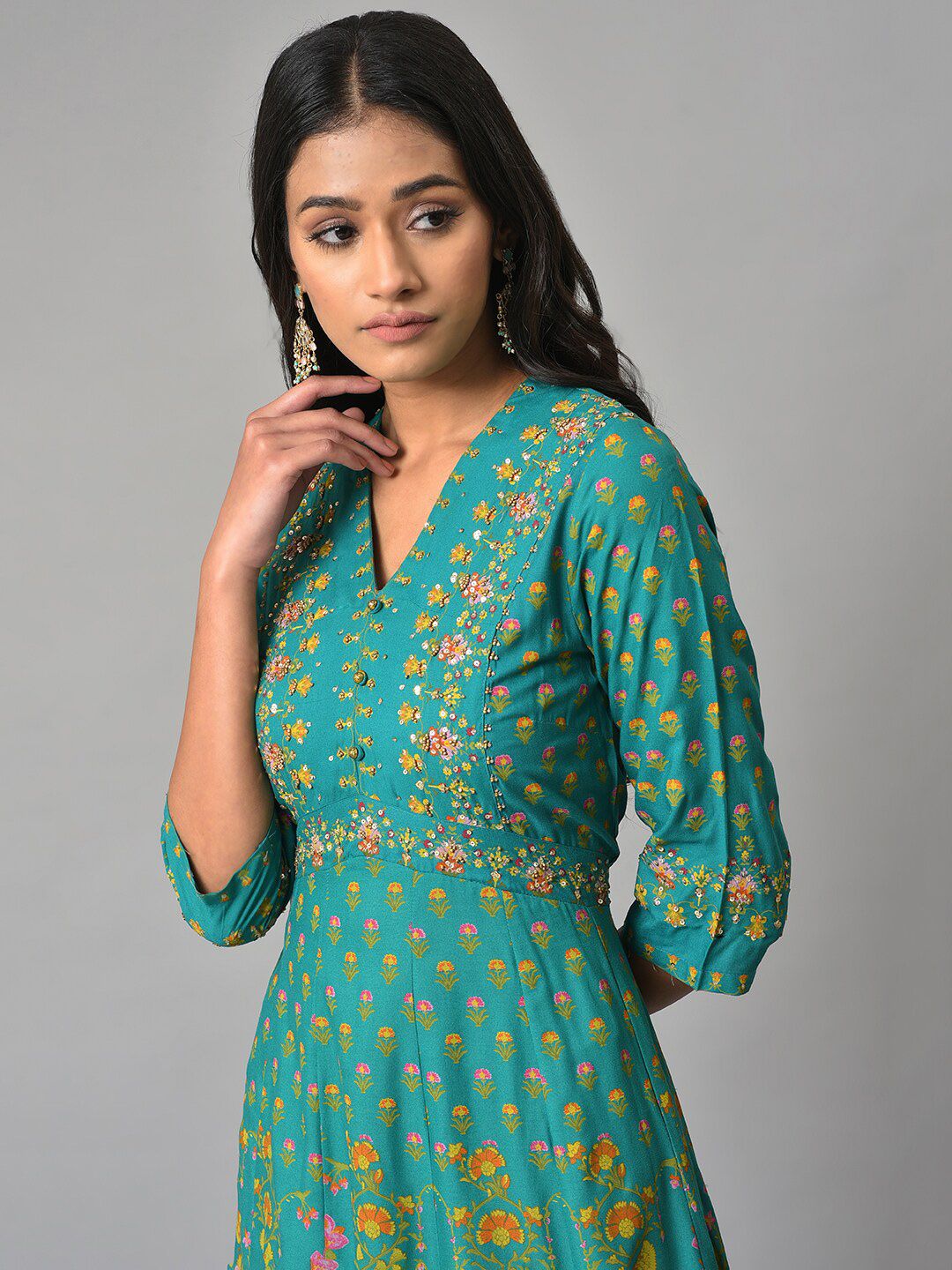 W Green Floral Printed Ethnic Maxi Ethnic Dress