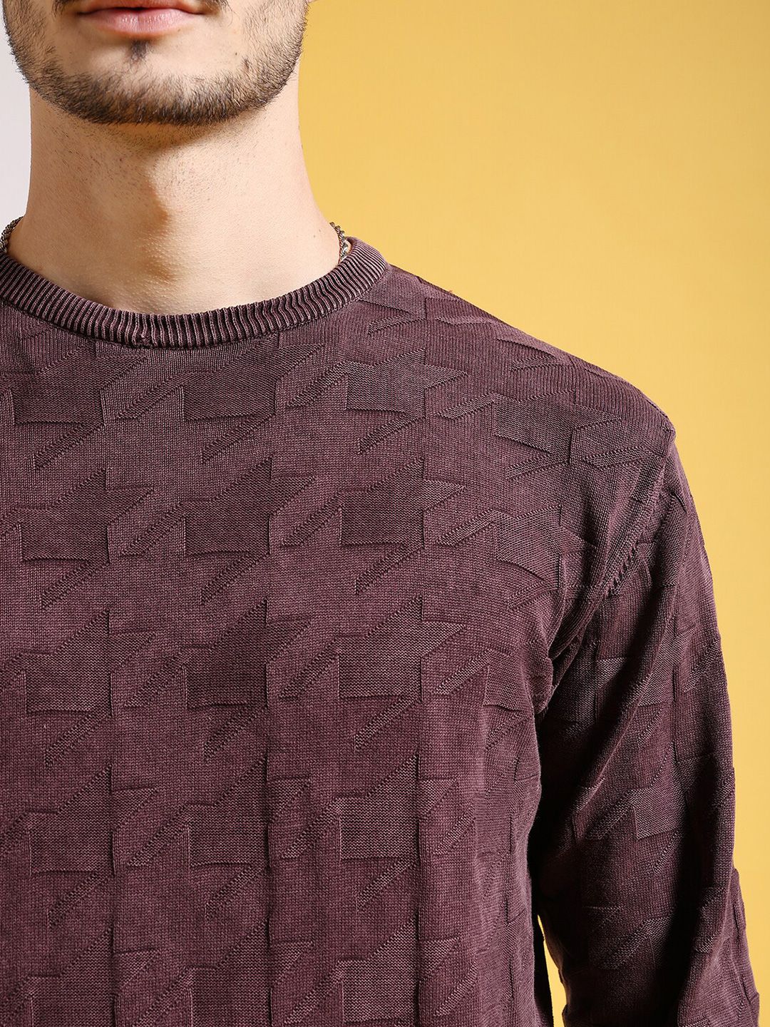 The Indian Garage Co Brown Geometric Self Design Acrylic Pullover