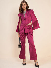 Antheaa Purple Shawl Neck Satin Coat With Trouser Co-Ords