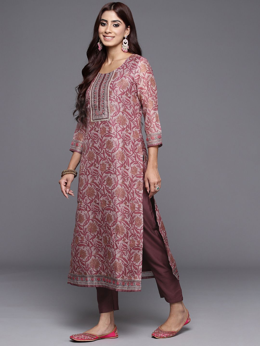 Libas Floral Yoke Design Regular Mirror Work Kurta With Trousers & With Dupatta