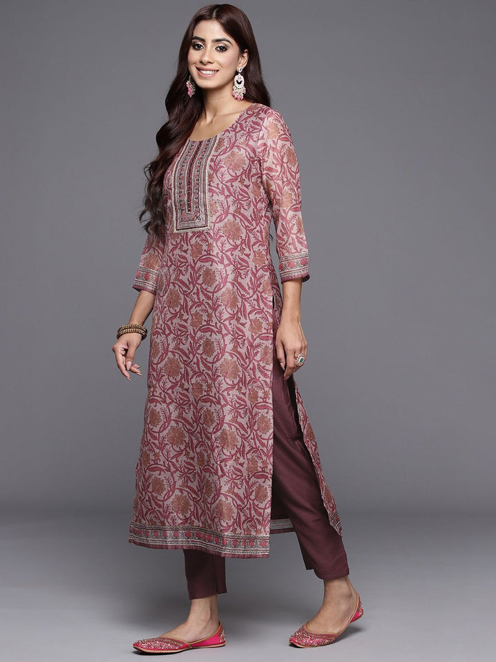Libas Floral Yoke Design Regular Mirror Work Kurta With Trousers & With Dupatta