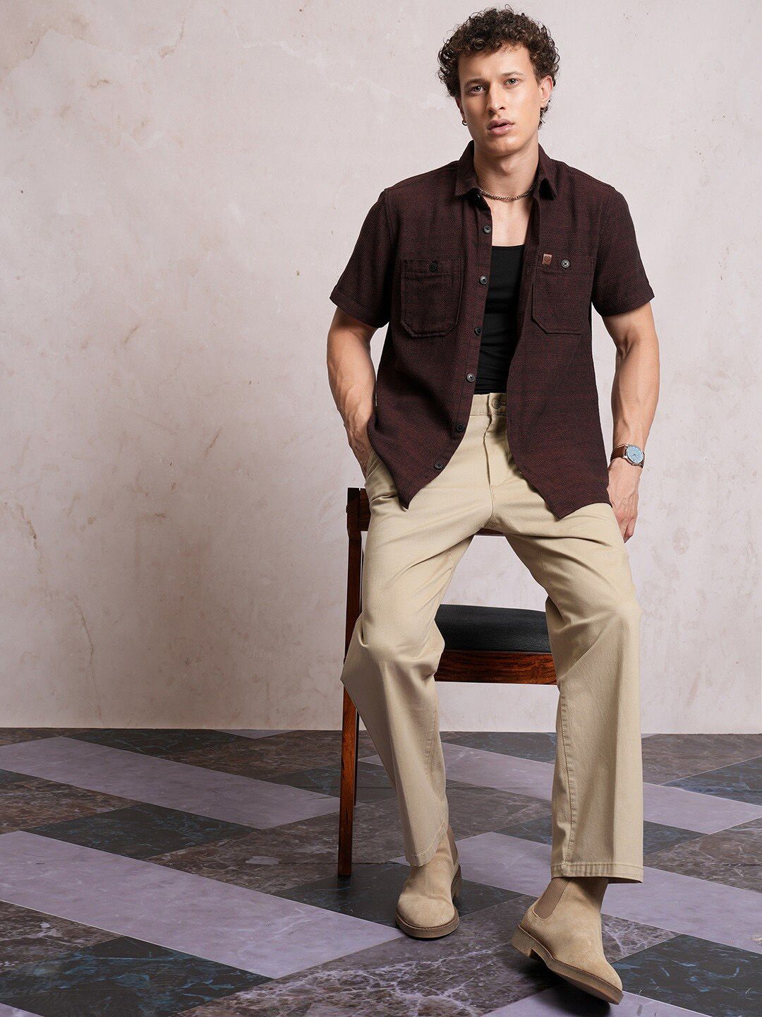 LOCOMOTIVE Textured Checked Utility Pocket Regular Shirt