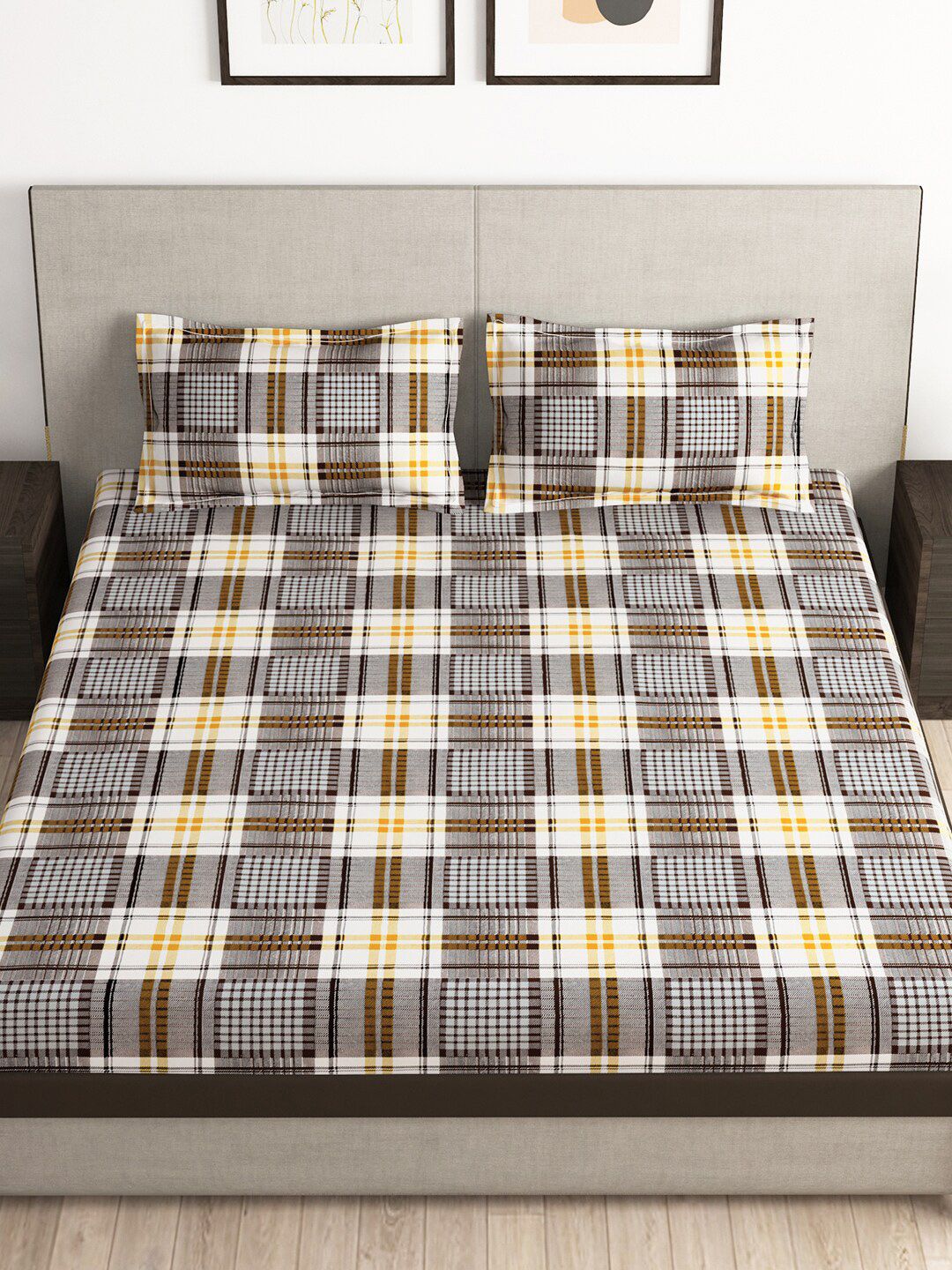 Story@home Tango Mustard & White Printed 240 TC King Bedsheet with 2 Pillow Covers